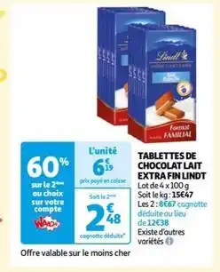 Auchan Lindt - tablettes de chocolat lait extra fin offre