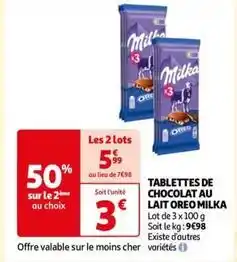 Auchan Milka - tablettes de chocolat au lait oreo offre