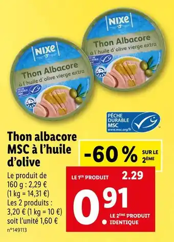 Lidl NIXE Thon albacore MSC à l’huile d’olive offre