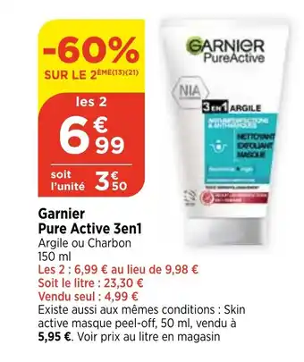 Bi1 Garnier Pure Active 3en1 Argile ou Charbon offre