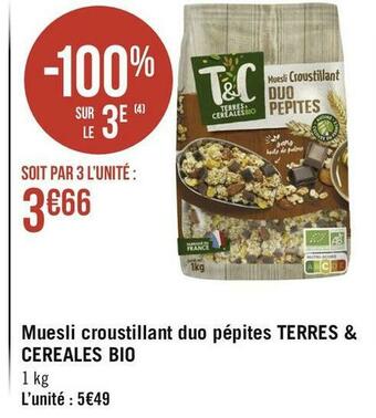 Terres et céréales muesli croustillant duo pépites bio