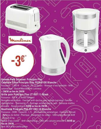 Géant Casino Moulinex bon plan sur la gamme petit déjeuner principio plus cafetière filtre principio plus fg264100 blanche offre