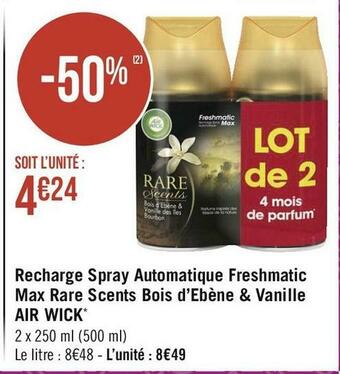 Géant Casino Air wick recharge spray automatique freshmatic max rare scents bois d’ebène & vanille* offre