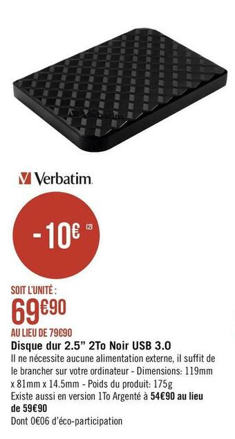 Géant Casino Verbatim disque dur 2.5’’ 2to noir usb 3.0 offre