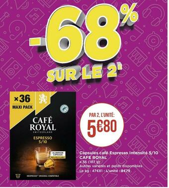 Géant Casino Café royal capsules café espresso intensité 5/10 offre