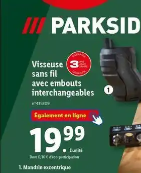 Lidl Parkside - visseuse saans fil avec embouts interchangeables offre