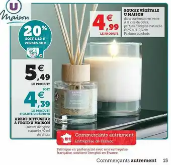Hyper U Bougie Végétale U Maison, Arbre Diffuseur à Froid U Maison offre