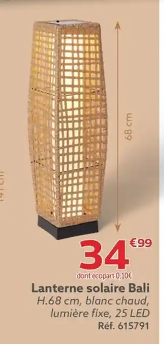 Gifi Lanterne solaire Bali H.68 cm, blanc chaud, lumière fixe, 25 LED Réf. 615791 offre
