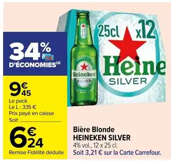 Carrefour Bière Blonde HEINEKEN SILVER 4% vol., 12 x 25 cl. offre