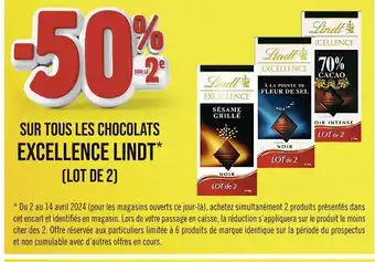 Casino Supermarchés LINDT -50% SUR LE 2e SUR TOUS LES CHOCOLATS EXCELLENCE LINDT (LOT DE 2) offre