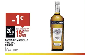 Spar RICARD PASTIS DE MARSEILLE 45% VOL offre