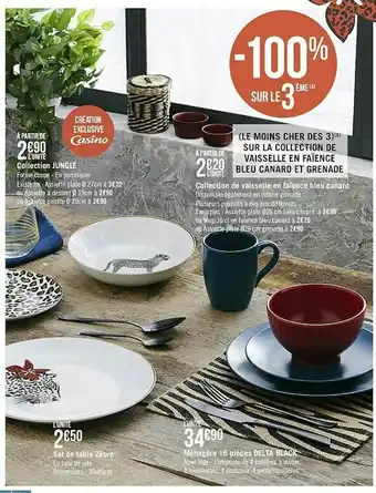 Casino Supermarchés Collection Jungle, Set De Table Zèbre, Collection De Vaisselle En Faïence Bleu Canard, Ménagère 16 Pièces Delta Black offre