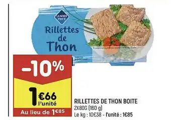 Leader Price Rillettes De Thon Boîte offre