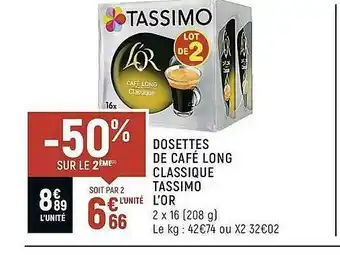 Dosettes De Café Long Classique Tassimo L'or