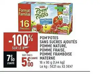 Spar Pom'potes Sans Sucres Ajoutés Pomme Nature, Pomme Fraise, Pomme Framboise Materne offre