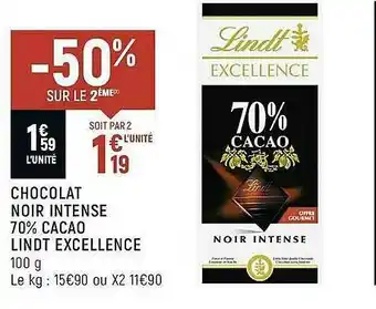 Spar Chocolat Noir Intense 70% Cacao Lindt Excellence offre