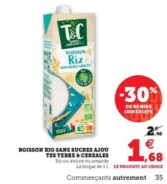 Super U Boisson bio sans sucres ajou tes terre & cereales offre