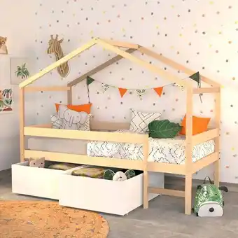 Auchan Lit Cabane Bois Massif 90X190 Cm Avec 2 Tiroirs Sommier Barrière Et Échelle Elio offre