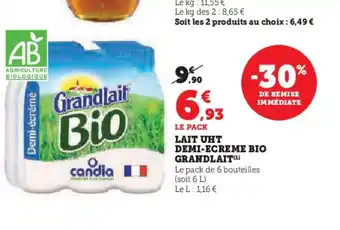 Super U LAIT UHT DEMI-ECREME BIO GRANDLAIT offre