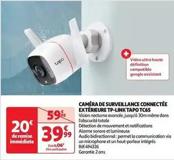 Auchan Tp-link - caméra de surveillance connectée extérieure tapo tc65 offre