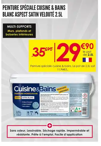 Décor Discount PEINTURE SPÉCIALE CUISINE & BAINS BLANC ASPECT SATIN VELOUTÉ 2.5L offre