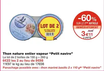 Monoprix Petit navire Thon nature entier vapeur offre