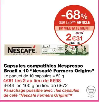 Monoprix Nescafé Farmers Origins Capsules compatibles Nespresso Brazil x 10 offre