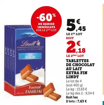 Hyper U LINDT TABLETTES DE CHOCOLAT AU LAIT EXTRA FIN offre