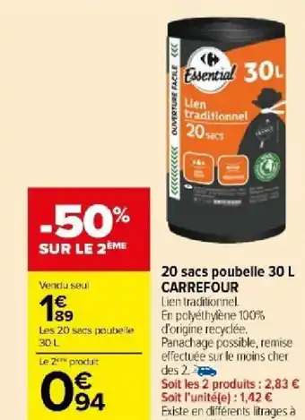 Carrefour Market 20 sacs poubelle 30 L CARREFOUR offre