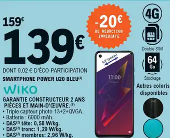 E.Leclerc Smartphone Power U20 Bleu offre