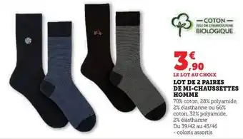 Hyper U Lot de 2 paires de mi chaussettes homme offre