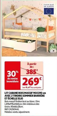 Auchan Lit cabane bois massif avec 2 tiroirs sommier barrière et échelle elio offre