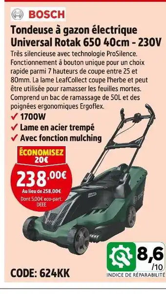 Screwfix BOSCH Tondeuse à gazon électrique Universal Rotak 650 40cm - 230V offre