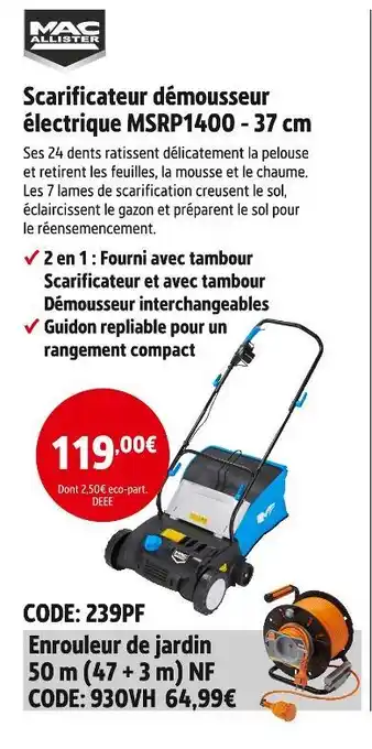 Screwfix Mac allister Scarificateur démousseur électrique MSRP1400 - 37 cm offre