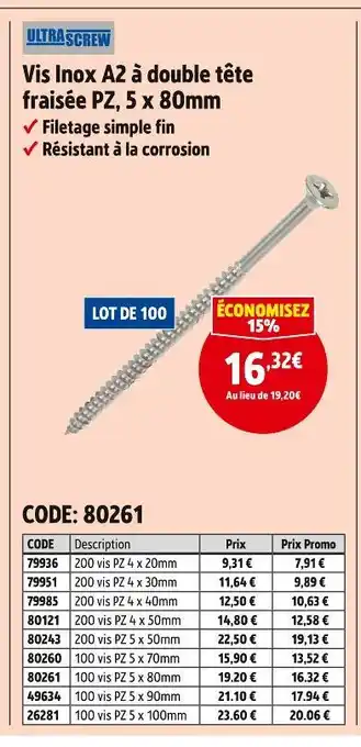 Screwfix ULTRA SCREW Vis Inox A2 à double tête fraisée PZ, 5 x 80mm offre