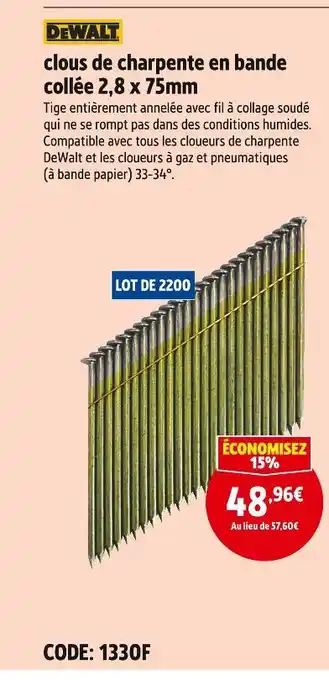 Screwfix DEWALT clous de charpente en bande collée 2,8 x 75mm offre