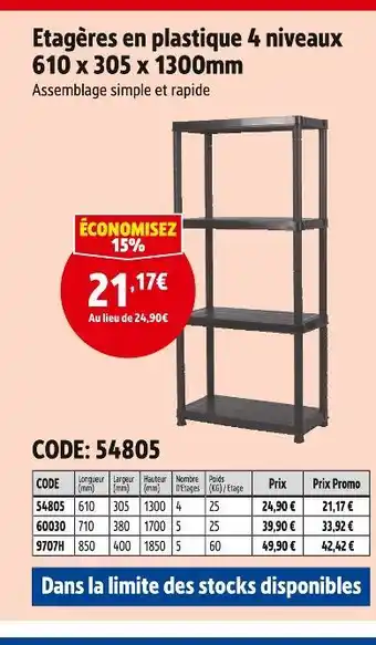 Screwfix Etagères en plastique 4 niveaux 610 x 305 x 1300mm offre