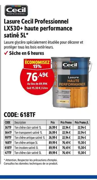 Screwfix Cecil Lasure Professionnel LX530+ haute performance satiné 5L offre