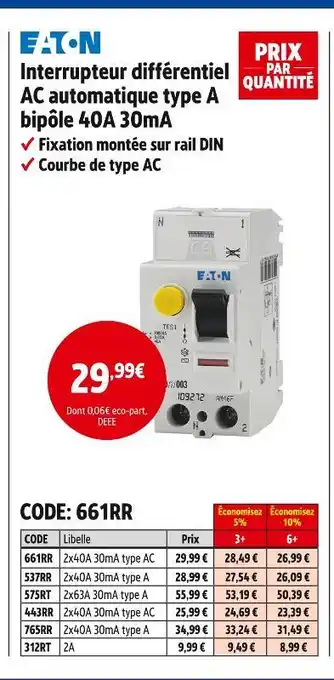 Screwfix EATON Interrupteur différentiel AC automatique type A bipôle 40A 30mA offre