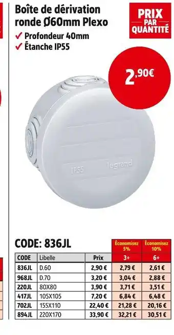 Screwfix LEGRAND Boîte de dérivation ronde Ø60mm Plexo offre