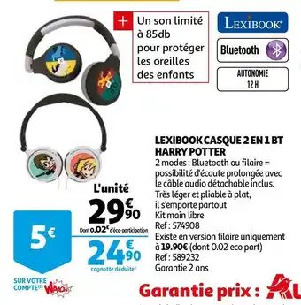 Auchan Lexibook lexibook casque 2 en 1 bt harry potter offre