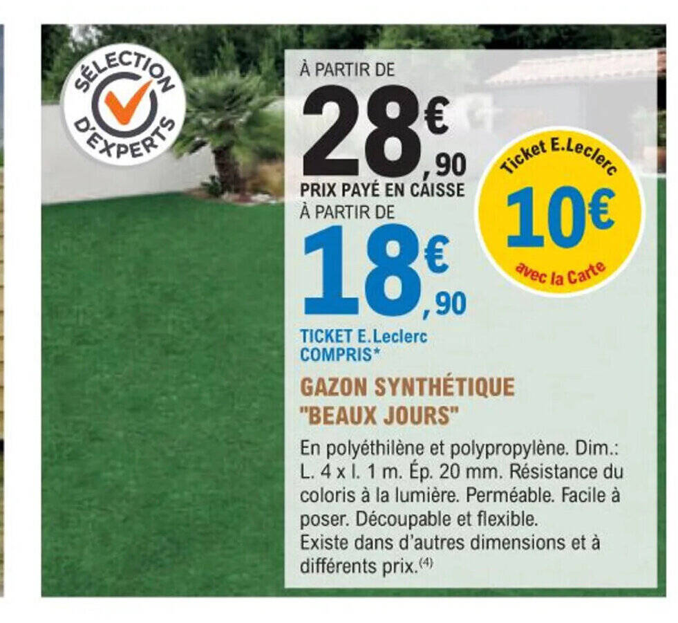 Promo GAZON SYNTHÉTIQUE BEAUX JOURS chez E.Leclerc Jardi