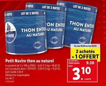 Lidl Petit Navire thon au naturel offre