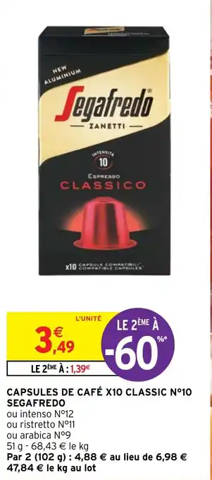 Intermarché Hyper CAPSULES DE CAFÉ X10 CLASSIC N°10 SEGAFREDO offre