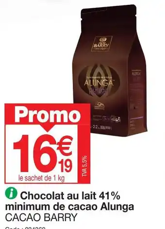 Promocash → Chocolat au lait 41% minimum de cacao Alunga CACAO BARRY offre