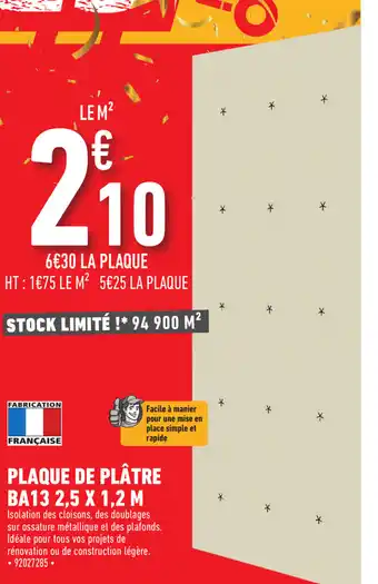 Brico Cash Plaque De Platre Ba13 2,5 x 1,2 M offre