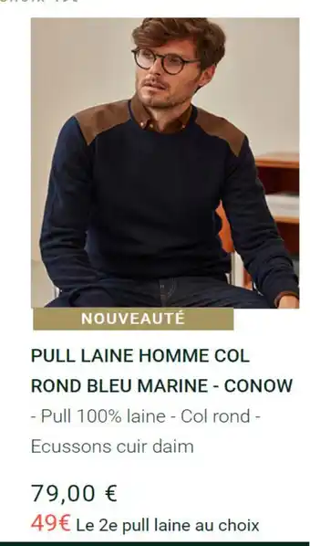 Pull Laine Homme Col Rond Bleu Marine - Conow