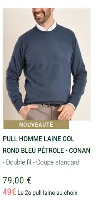Pull Homme Laine COl Rond Bleu PĂštrole - Conan