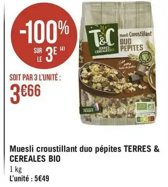 Géant Casino Terres et céréales muesli croustillant duo pépites bio offre