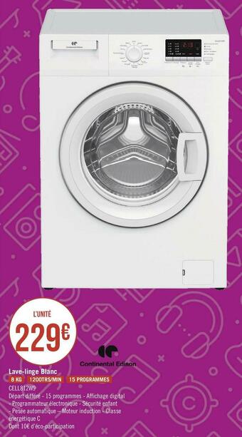 Géant Casino Continental edison lave-linge blanc offre
